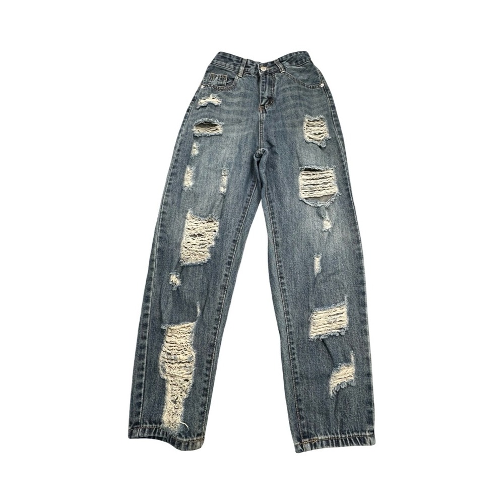 Hank Jeans Distressed Denim Womens M Blue Ripped High Waist Elastic‎ Back
